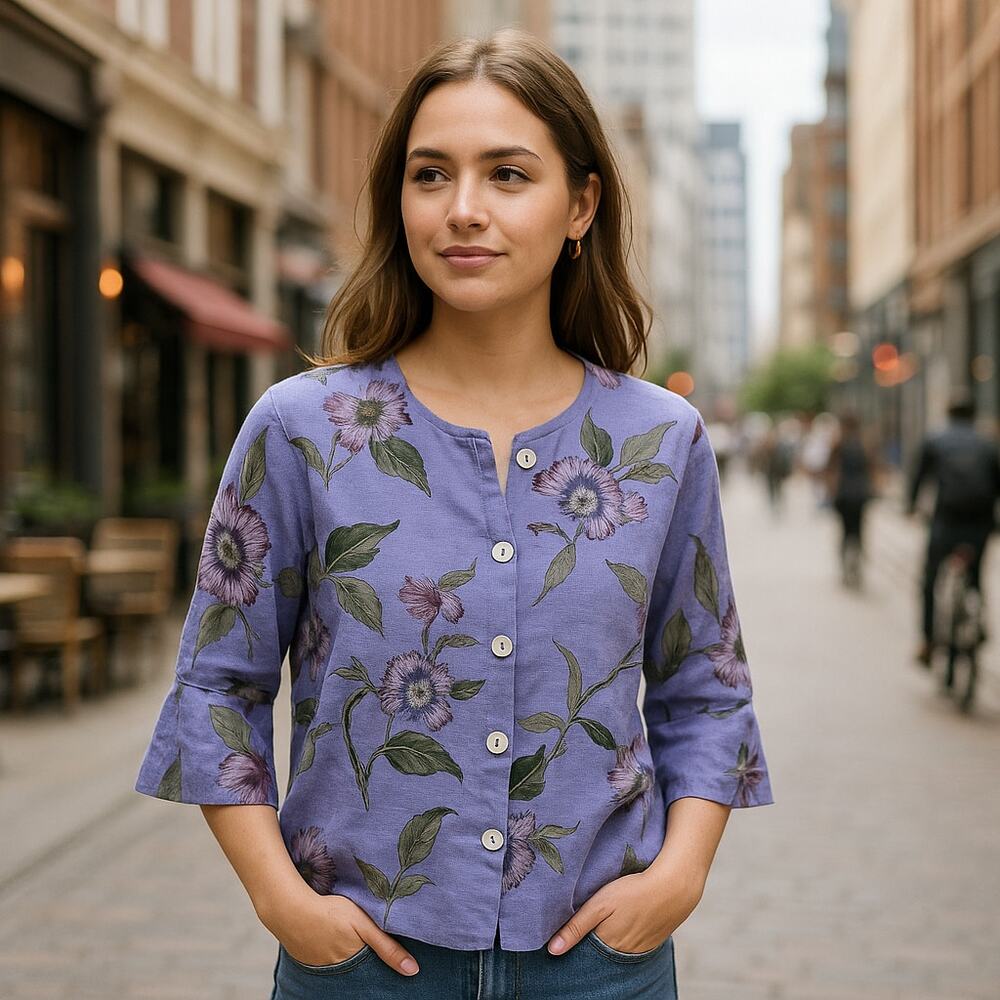 Habitat Linen Floral Jacket S/M Purple Bell Sleeve Button Front